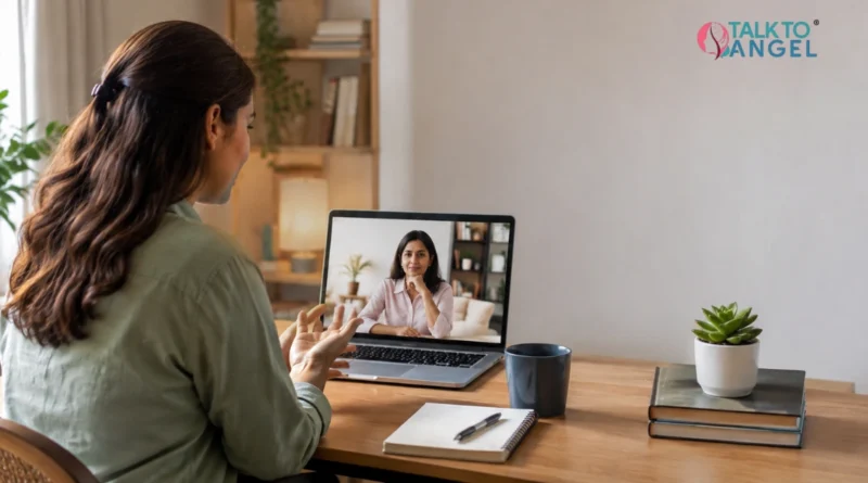 Online therapy session with a therapist providing mental health support through video consultation.