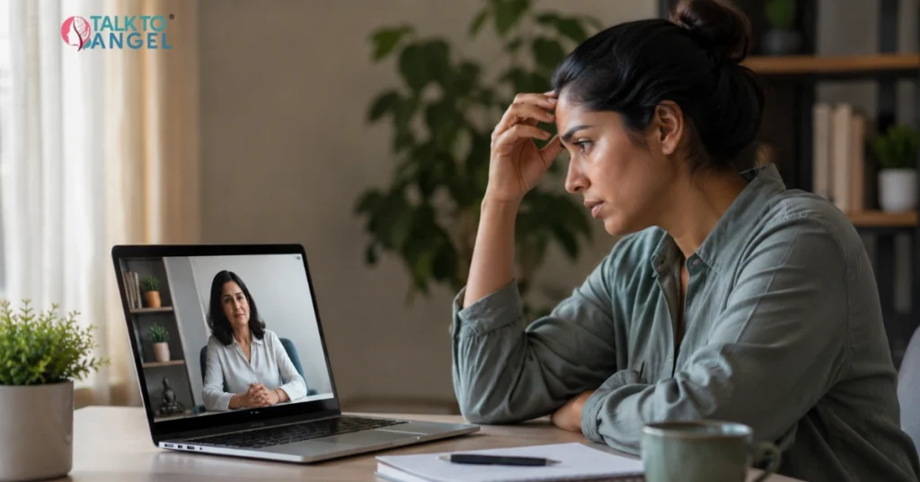 Young adult feeling anxiety during an online therapy session with a compassionate psychologist