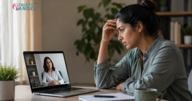 Young adult feeling anxiety during an online therapy session with a compassionate psychologist