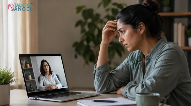 Young adult feeling anxiety during an online therapy session with a compassionate psychologist
