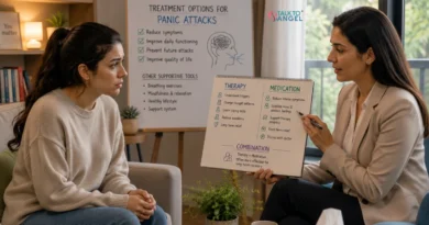Therapist discussing therapy and medication options for managing panic attacks with a client