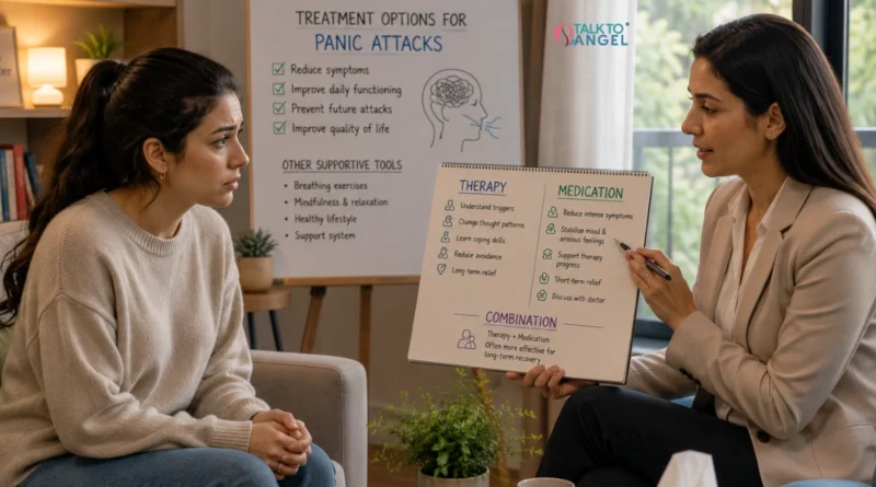 Therapist discussing therapy and medication options for managing panic attacks with a client
