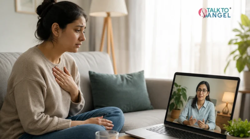 Person experiencing panic attack symptoms while seeking support through online therapy