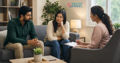 Couple discussing relationship concerns with a counsellor during a supportive therapy session.