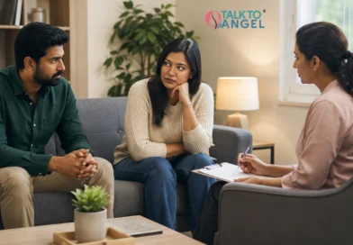 Couple discussing relationship concerns with a counsellor during a supportive therapy session.