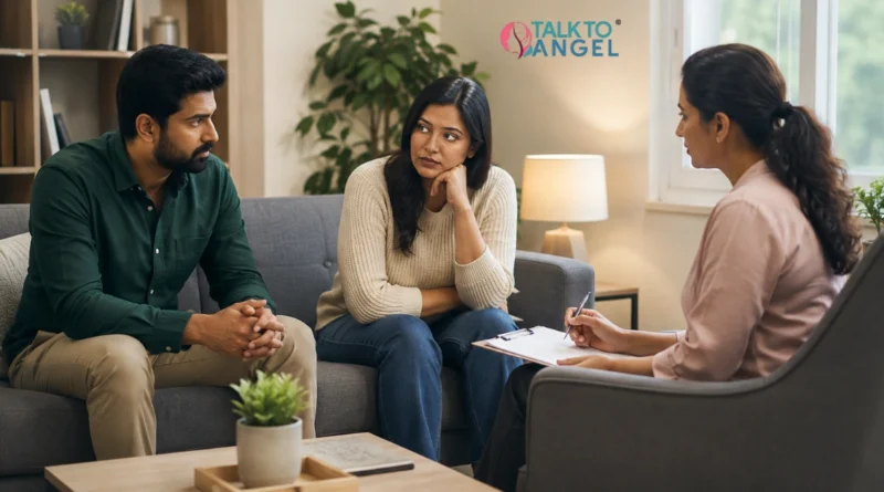 Couple discussing relationship concerns with a counsellor during a supportive therapy session.