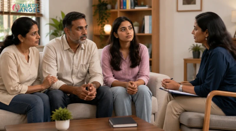 Family discussing therapy together to improve communication, trust, and emotional connection.