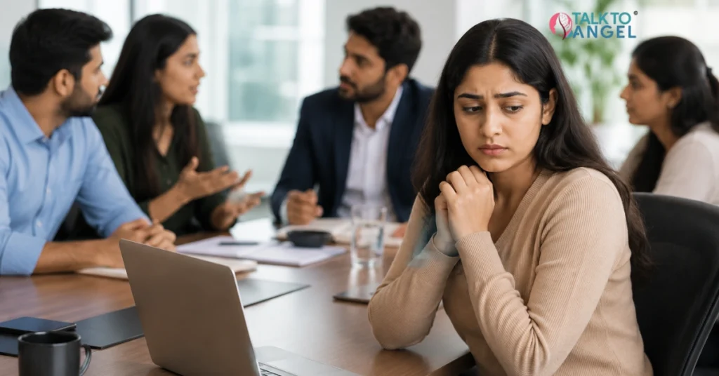 Young professional feeling anxious during a work meeting due to social anxiety