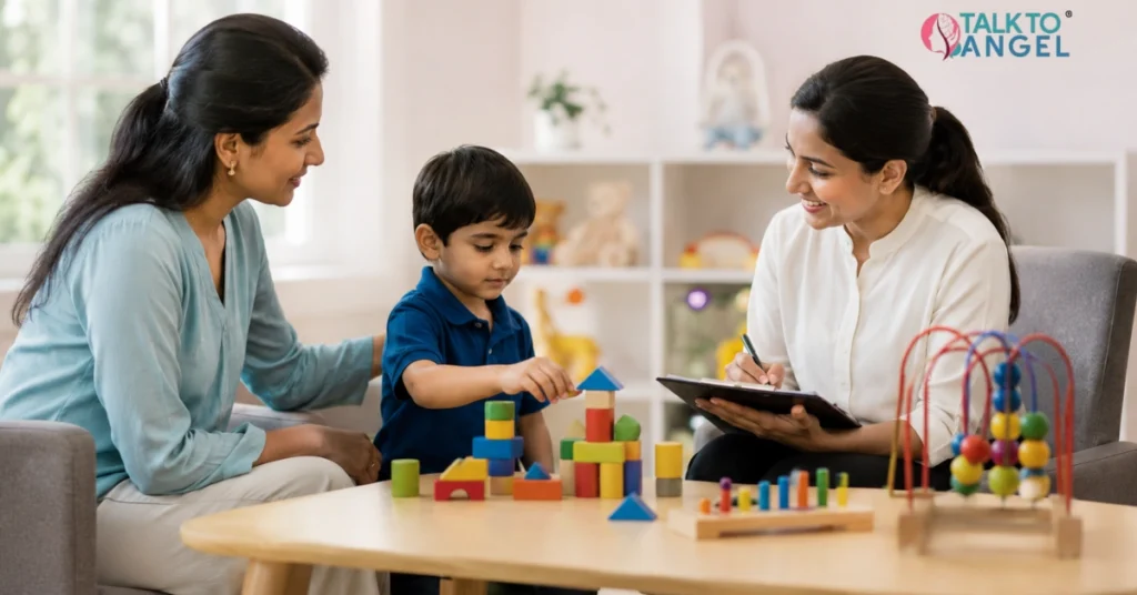 Child showing developmental delays with a parent receiving early intervention guidance.