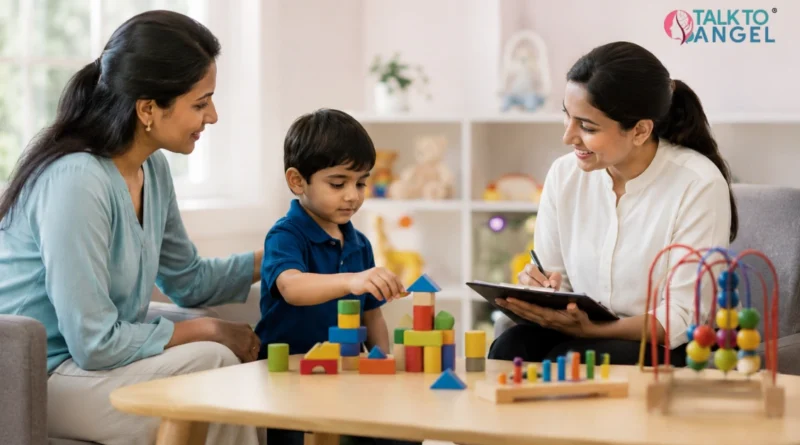 Child showing developmental delays with a parent receiving early intervention guidance.