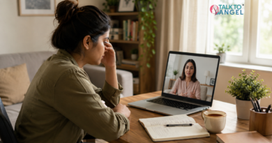 Person attending a virtual stress therapy session with a therapist from home