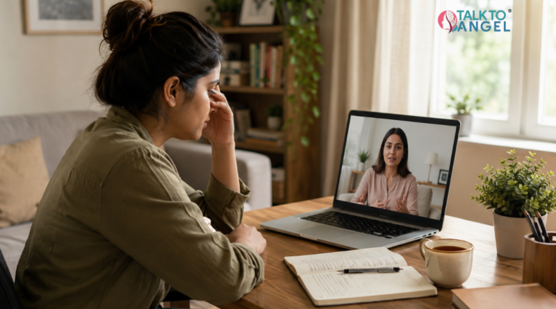 Person attending a virtual stress therapy session with a therapist from home