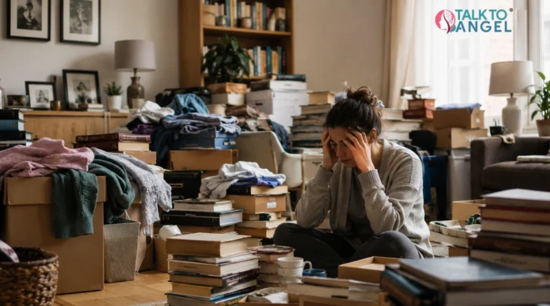 Person surrounded by excessive clutter, showing common symptoms of hoarding disorder and the need for support.