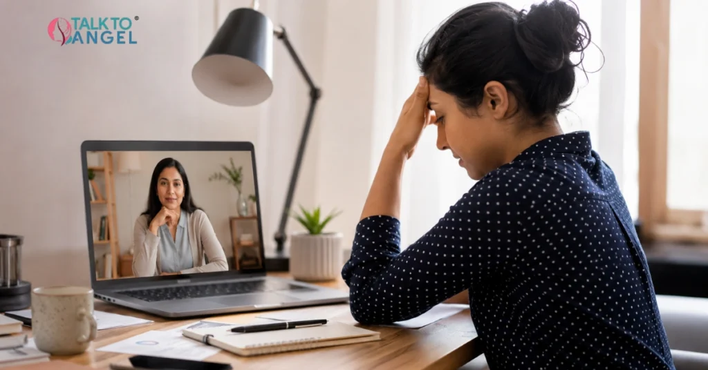 Professional counsellor helping an employee manage workplace anxiety during an online therapy session.