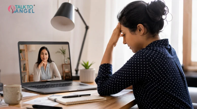 Professional counsellor helping an employee manage workplace anxiety during an online therapy session.