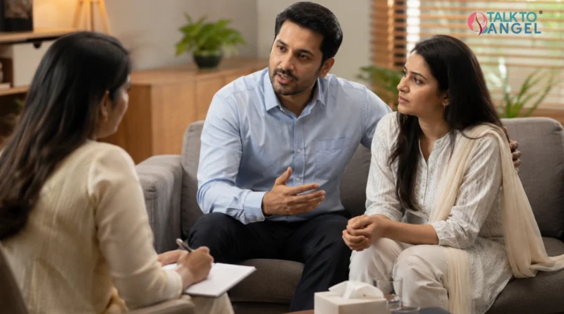Couple discussing in-law conflicts with a Delhi marriage counsellor during a supportive therapy session.