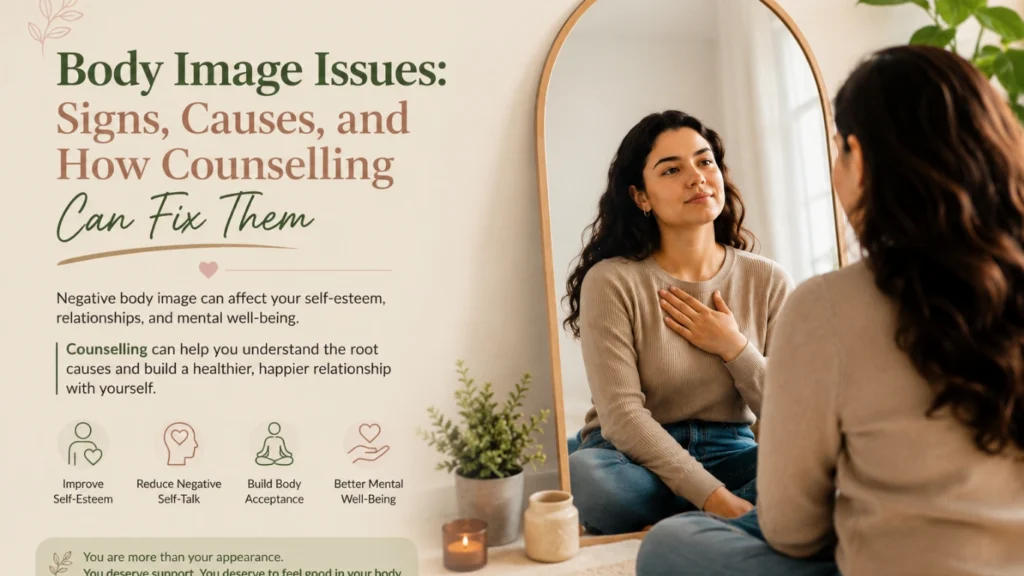 Person struggling with negative body image issues and appearance concerns while learning self-acceptance through counselling.