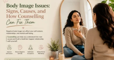 Person struggling with negative body image issues and appearance concerns while learning self-acceptance through counselling.