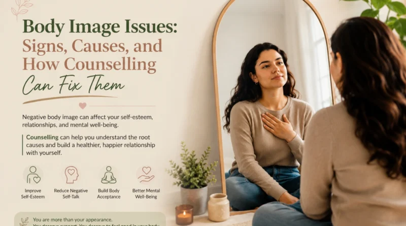 Person struggling with negative body image issues and appearance concerns while learning self-acceptance through counselling.