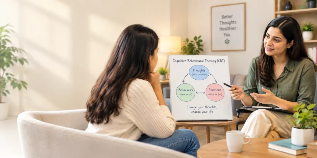 Psychologist explaining cognitive behavioural therapy to a client during a supportive mental health session
