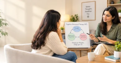Psychologist explaining cognitive behavioural therapy to a client during a supportive mental health session