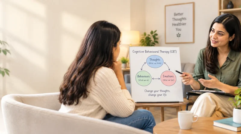 Psychologist explaining cognitive behavioural therapy to a client during a supportive mental health session