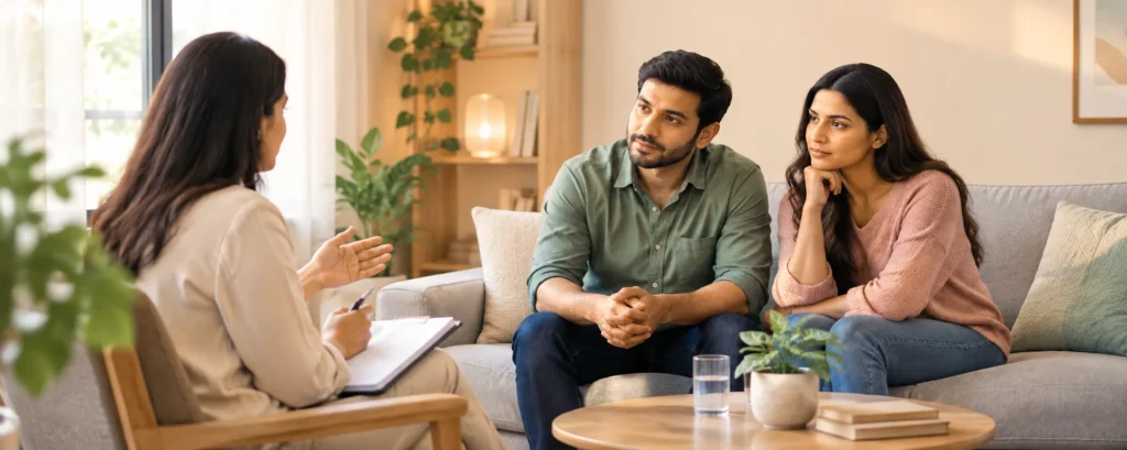 Counselling session helping an adult overcome sexual dysfunction through emotional support and therapy