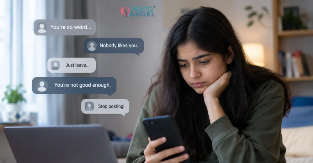 Person receiving counselling support for cyberbullying during an online therapy session