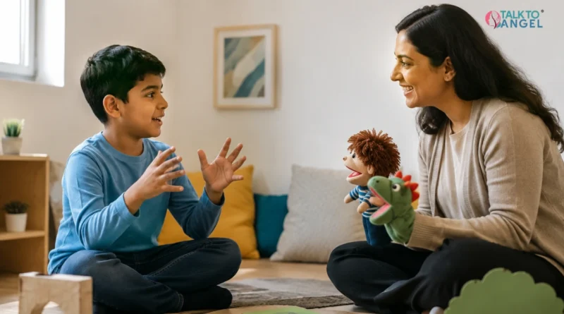 Child using drama therapy to improve social skills and communication