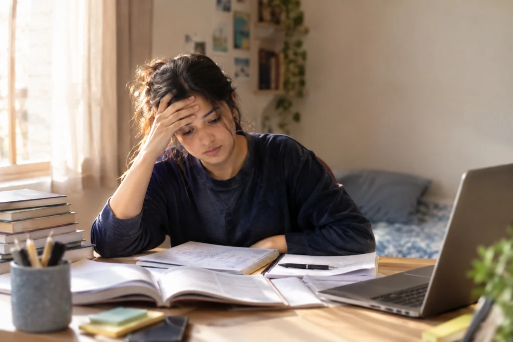 Student feeling stress by exam pressure and taking an online counselling session