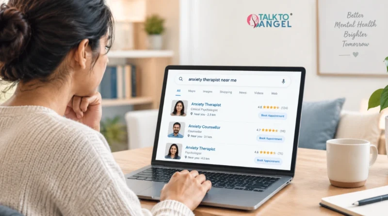 Woman searching for an anxiety therapist near her on a laptop at home