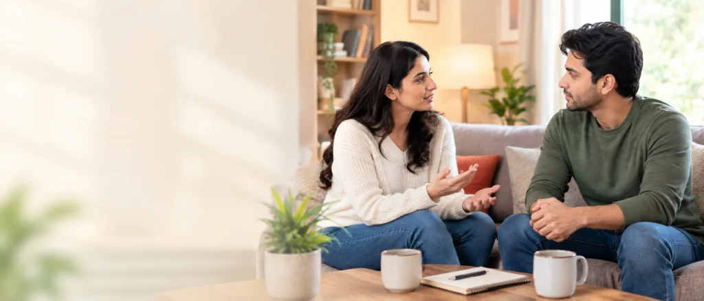 Couple calmly discussing relationship expectations to prevent misunderstandings and future conflict