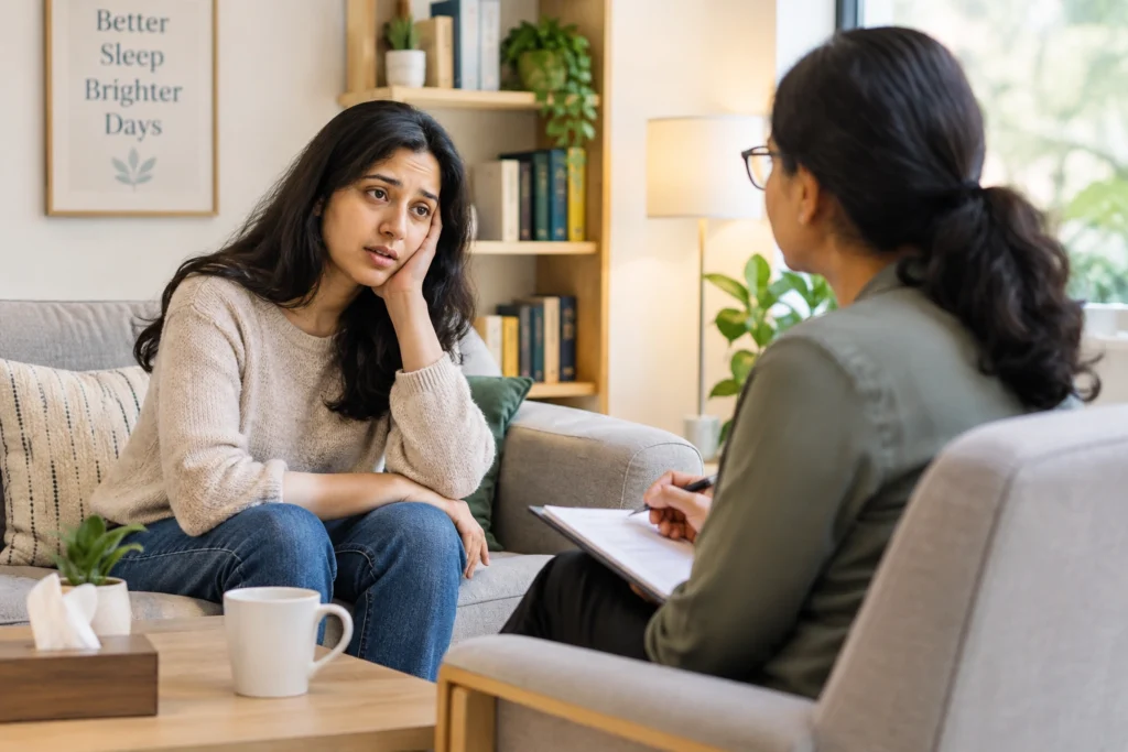 Person discussing excessive sleeping and hypersomnia treatment with a therapist