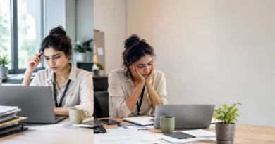 Work stress vs burnout comparison showing an overwhelmed employee experiencing workplace pressure and exhaustion.