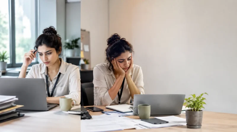 Work stress vs burnout comparison showing an overwhelmed employee experiencing workplace pressure and exhaustion.