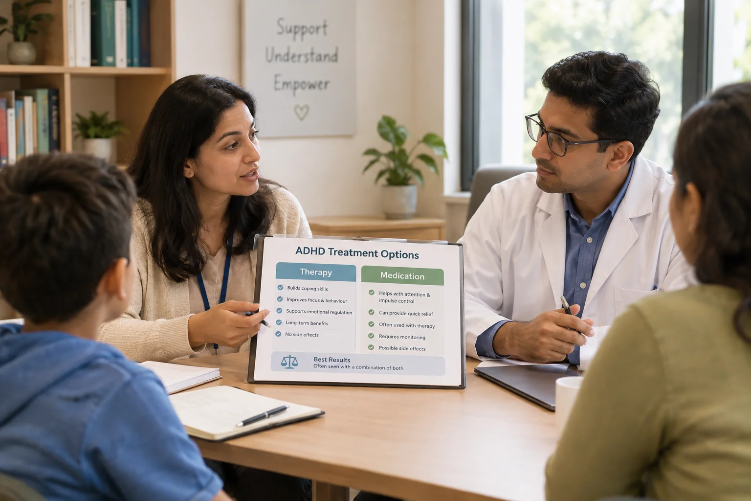 Therapist and psychiatrist comparing ADHD therapy and medication treatment options for children and adults