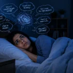 Person lying awake in bed at night with racing thoughts causing anxiety-related sleep loss