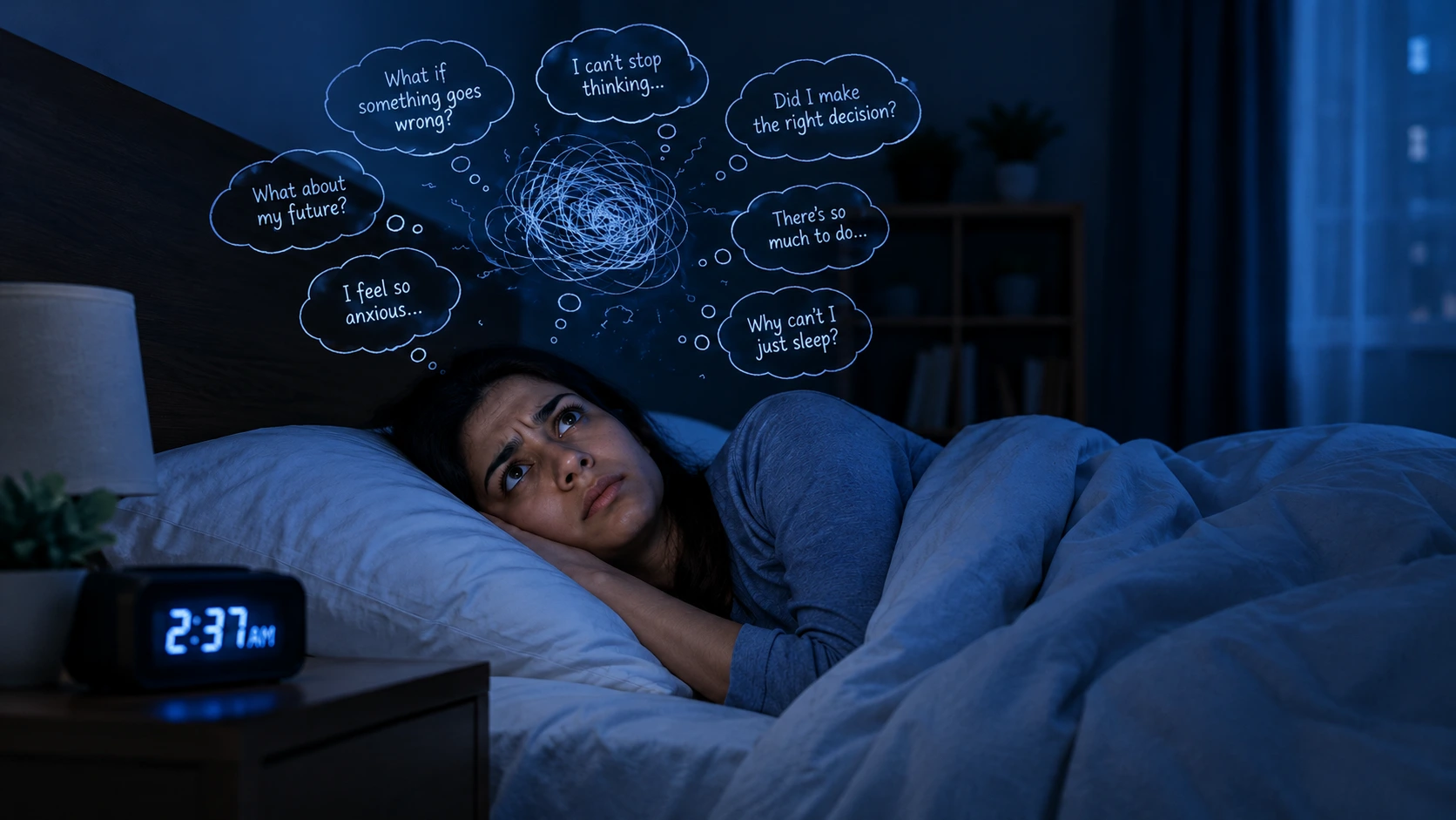 Person lying awake in bed at night with racing thoughts causing anxiety-related sleep loss