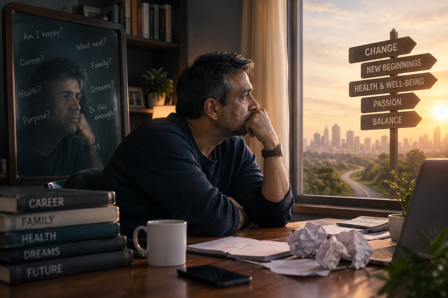 Middle-aged person sitting alone deep in thought, reflecting signs of a midlife crisis