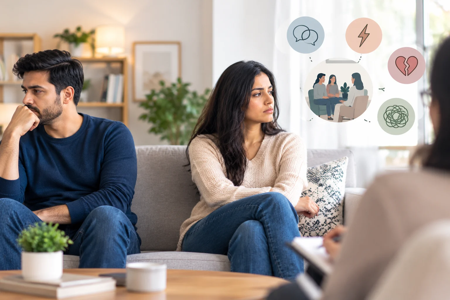 Couple experiencing relationship difficulties and considering marriage counselling for support.