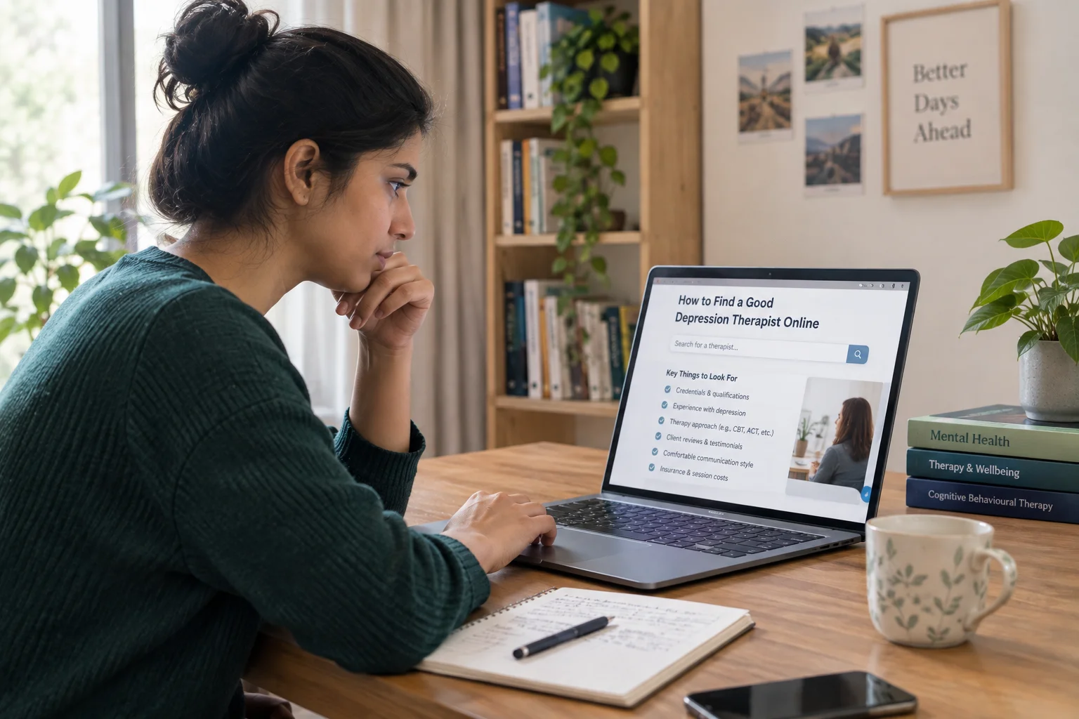 Person researching how to find a good depression therapist online