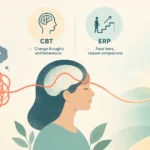Illustration comparing CBT and ERP therapy for obsessive-compulsive disorder (OCD), showing a tangled line becoming a smooth path