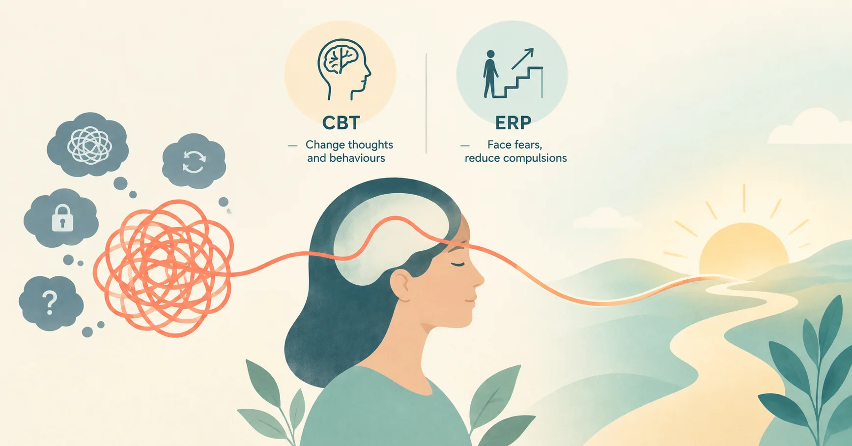 Illustration comparing CBT and ERP therapy for obsessive-compulsive disorder (OCD), showing a tangled line becoming a smooth path