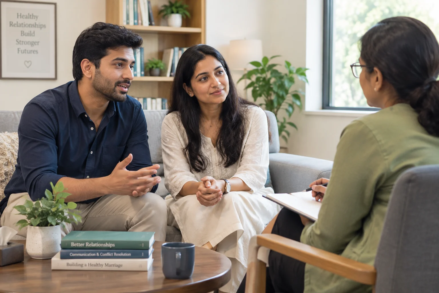 Couple discussing questions before marriage during a pre-marital counselling session