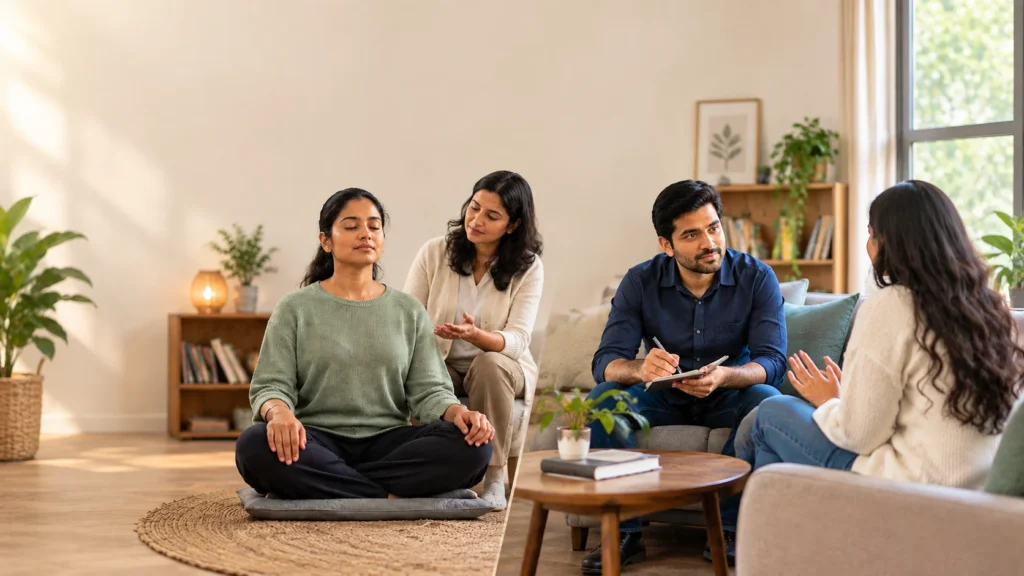 MBCT vs CBT for depression and anxiety, showing two therapy approaches for managing thoughts, emotions, and stress.