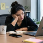 Stressed employee procrastinating on work at a desk, illustrating workplace procrastination and the need for counselling support