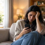 Woman looking anxious and upset after being cheated on, considering online counselling