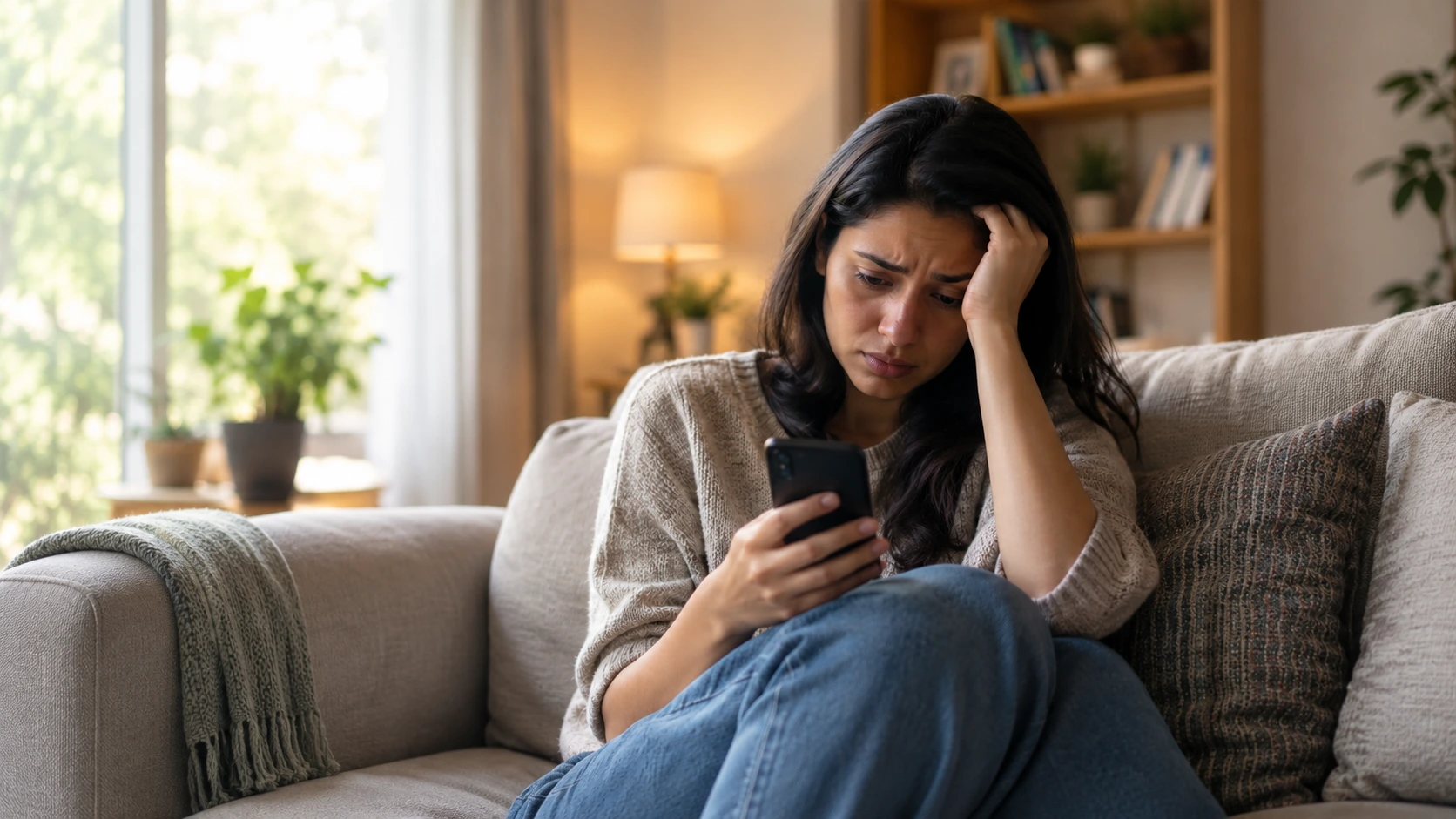 Woman looking anxious and upset after being cheated on, considering online counselling