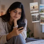 Woman feeling low after comparing herself to others on social media, illustrating social comparison and mental health