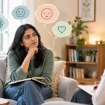 Person reflecting on thoughts and feelings during a present-focused Gestalt therapy session